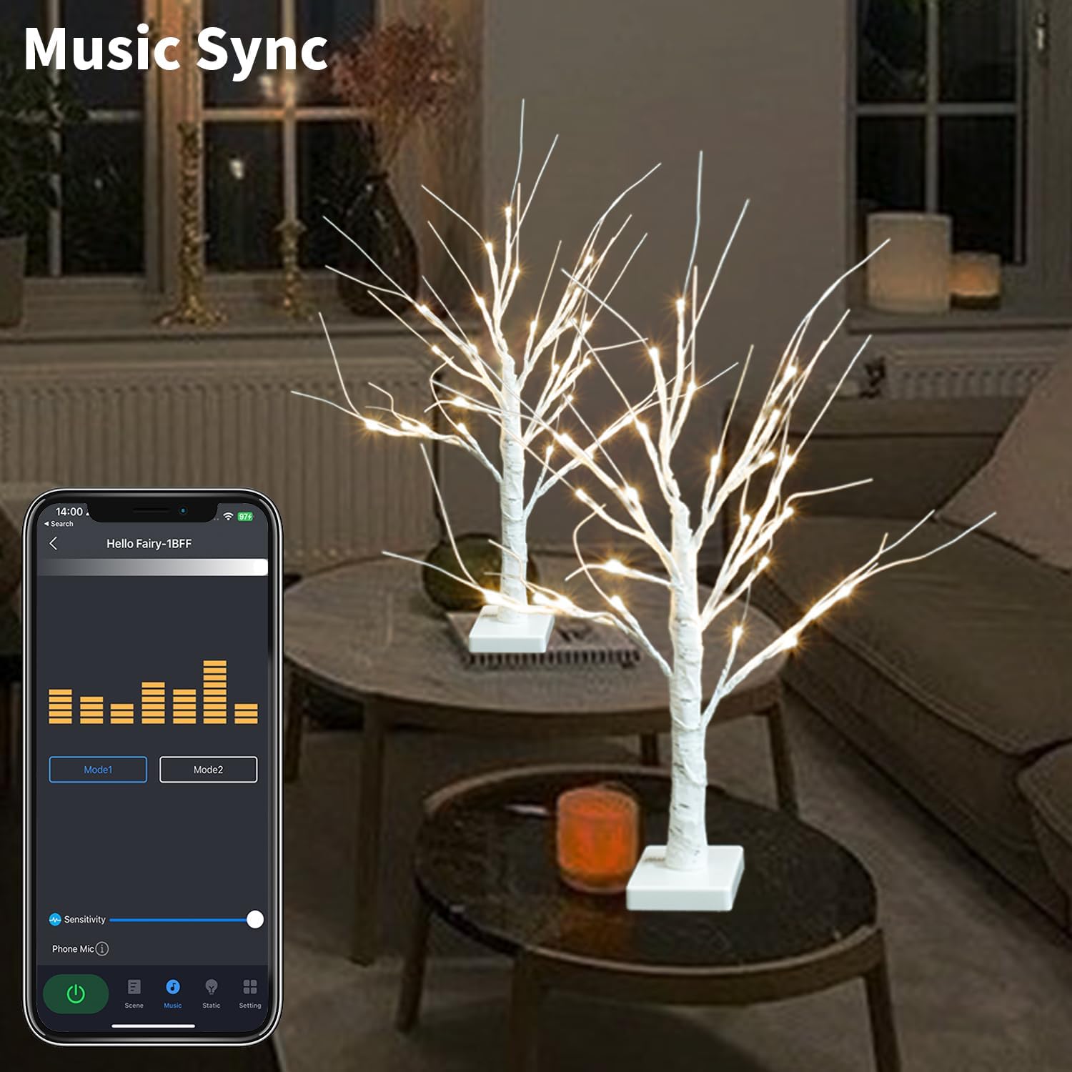 2FT Smart Birch Tree with LED Lights, Bluetooth App Controlled, 18 Modes, Dimmable, Timer, Music Sync, Warm White LED for Indoor Christmas Tabletop Centerpiece, Wedding & Valentine’s Day Decor, 2 Pack