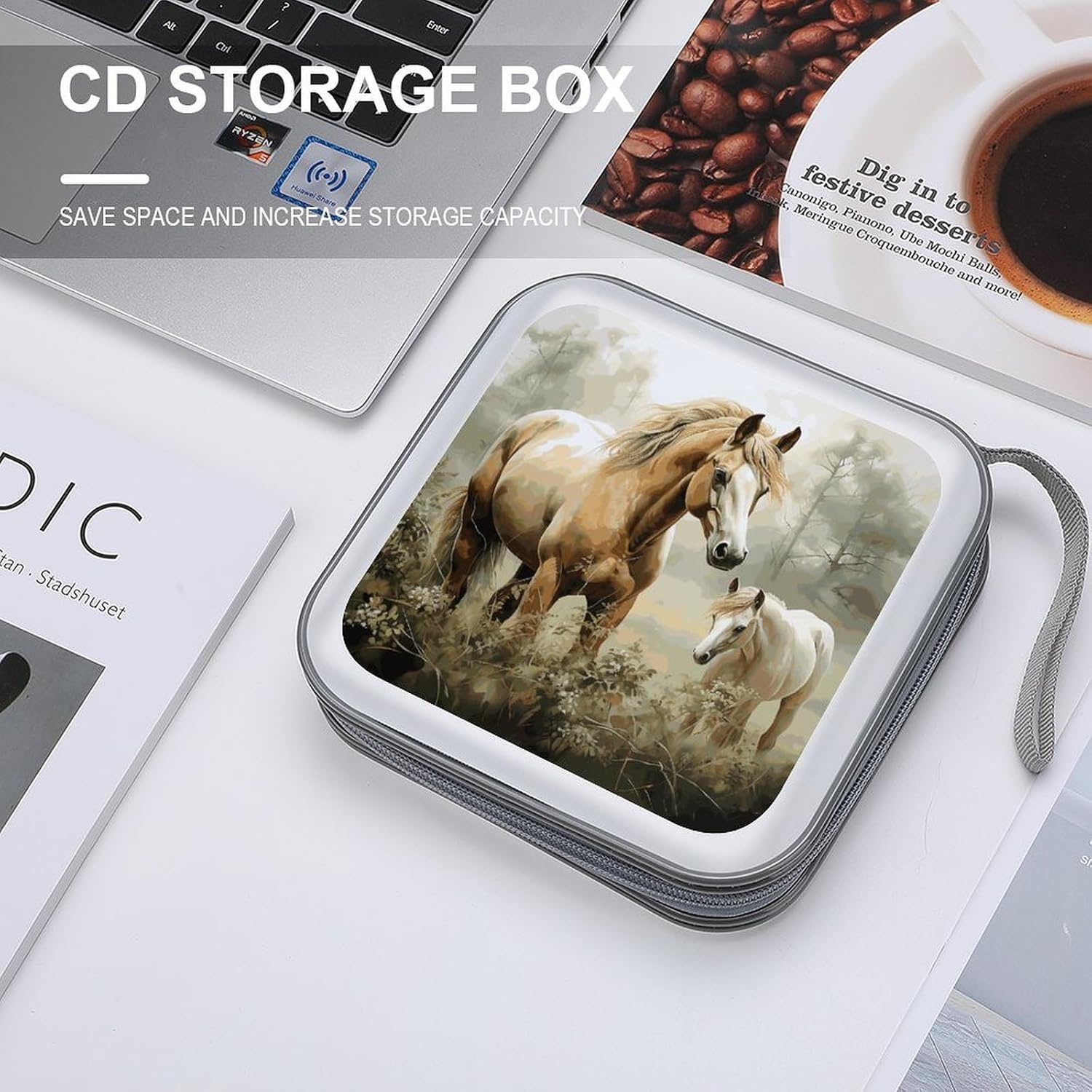Animals Embroidery Paintings Horses DVD Case 40 Capacity Protective Storage Organizer Binder Booklet Album Portable Disc Wallet Car CD Disk Holder Hard Plastic CD Cases CD DVD Case Holder