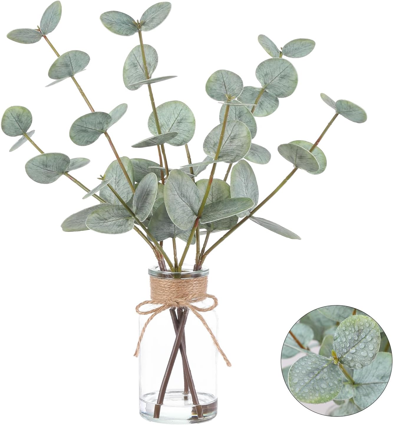 Faux Eucalyptus Stems in Glass Vase with Faux Water,Small Artificial Eucalyptus Plant with Double-Sided Green Leaves for Home Bathroom Table Centerpieces Shelf Coffee Table Wedding Decor