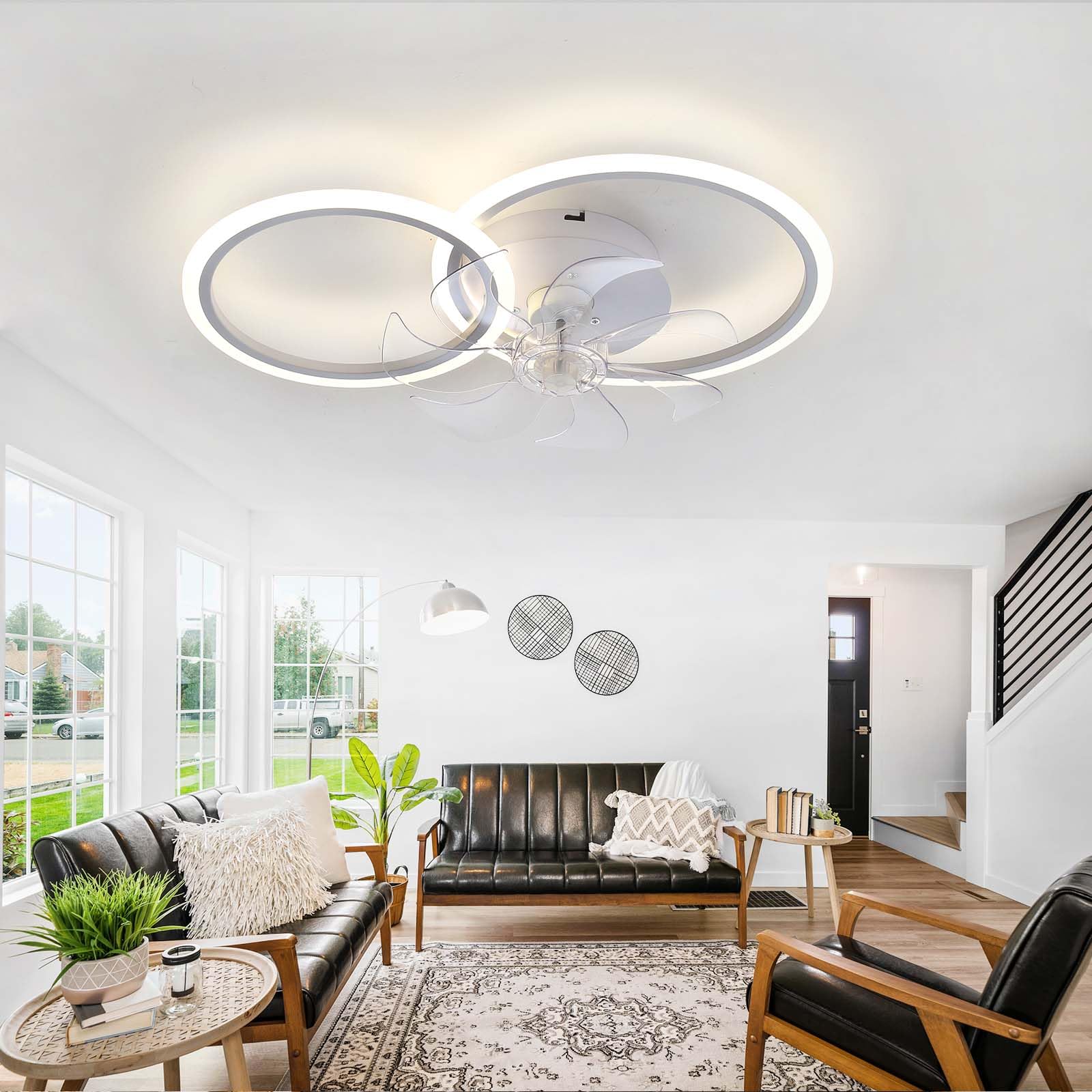 SXDMOUBK Ceiling Fan Light, Winter/Summer Reversible Fan Light LED Dimmable, Small Ceiling Fan with Light, 6 Speed Silent with Timer, DC, 2 Circles-White