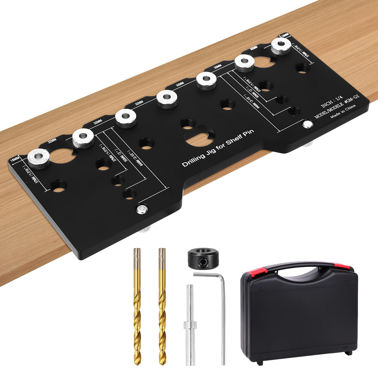Shelf Pin Jig, 1/4 Inch Aluminum Alloy Shelf Pin Drilling Jig with 1/4" Drill Bits and Locating Pin, Cabinet Drilling Template, Woodworking Measuring Tool (Black)