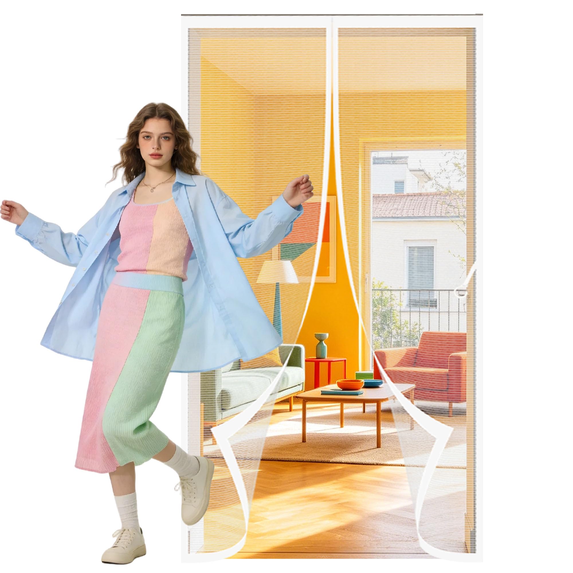 Magnetic Door Curtains Fly Screen 79 x 256 cm Powerful Magnets Bug Mosquito Insects Screen Keeps Bugs Out Suitable for Patio Room Balcony Bedroom, White