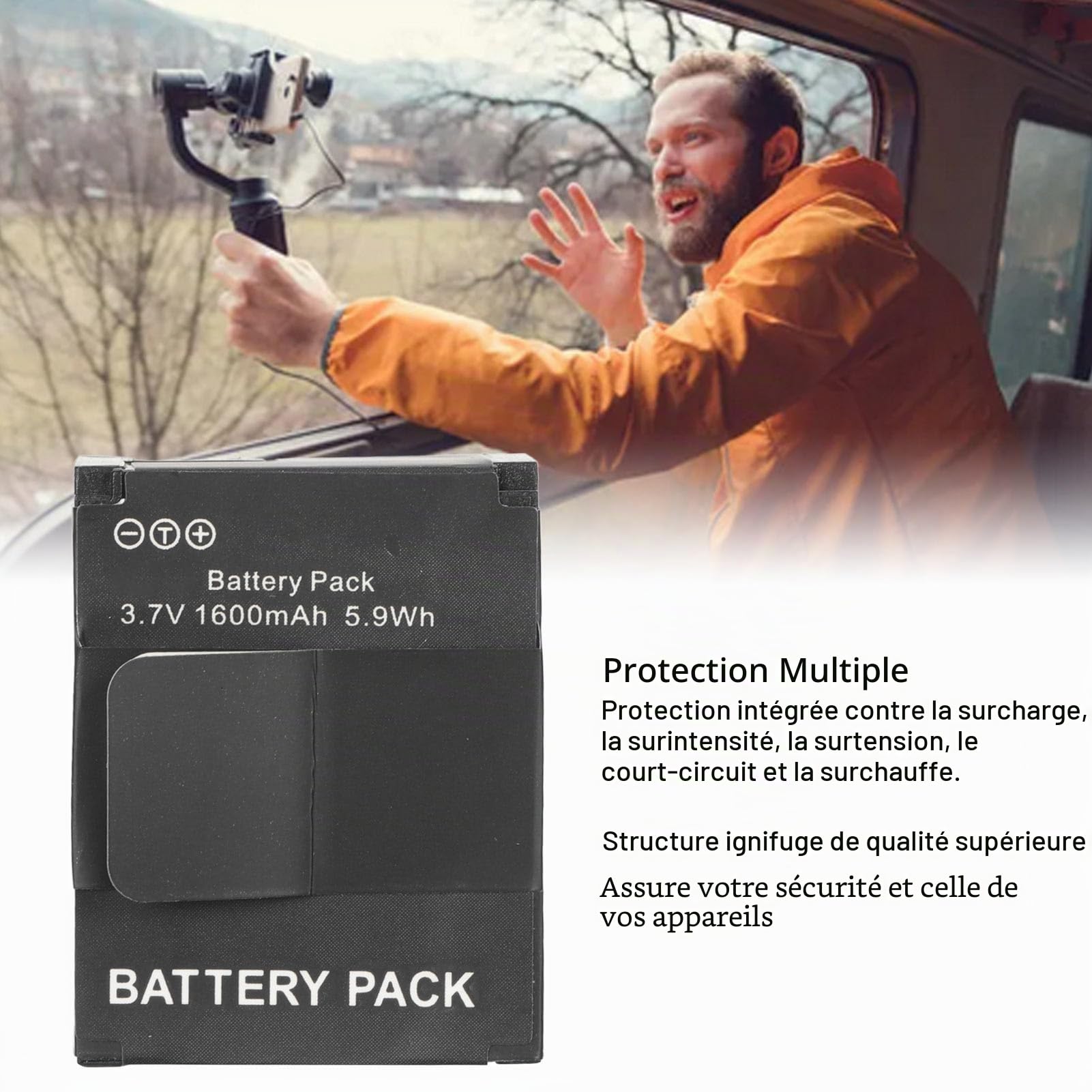 Batterie de Remplacement pour Caméra d'action pour 3/3+, 1600 MAh 3,7 V 5,9 Wh, Batterie Lithium-ION Rechargeable Compacte et Portable, Accessoires pour Caméra de Sport
