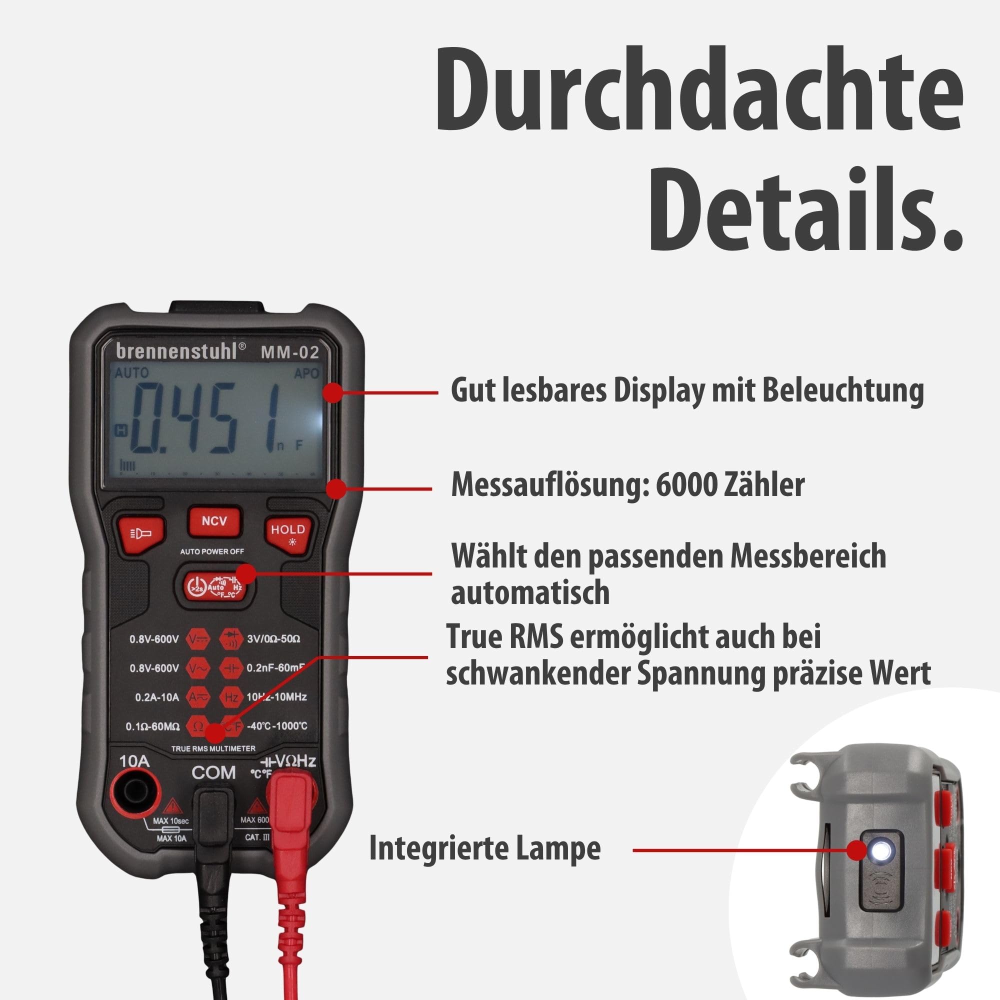 Brennenstuhl Multimeter MM-02 mit automatischer Messbereichsanpassung | AC/DC-Spannung, AC/DC-Strom, Widerstand, Temperatur, Diode, Durchgang, Kapazität, Frequenz und NCV, 6000 Counts, Lampe