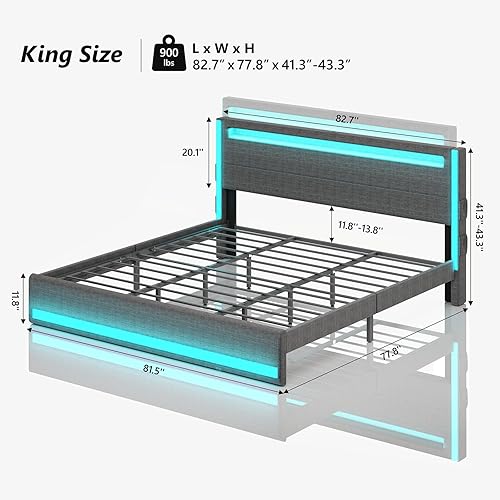 Miniatura 2 de CSZZD Base de cama de tamaño King y cabecera ajustable, base de cama de plataforma de tamaño King con estación de carga tipo C y USB, marco de cama