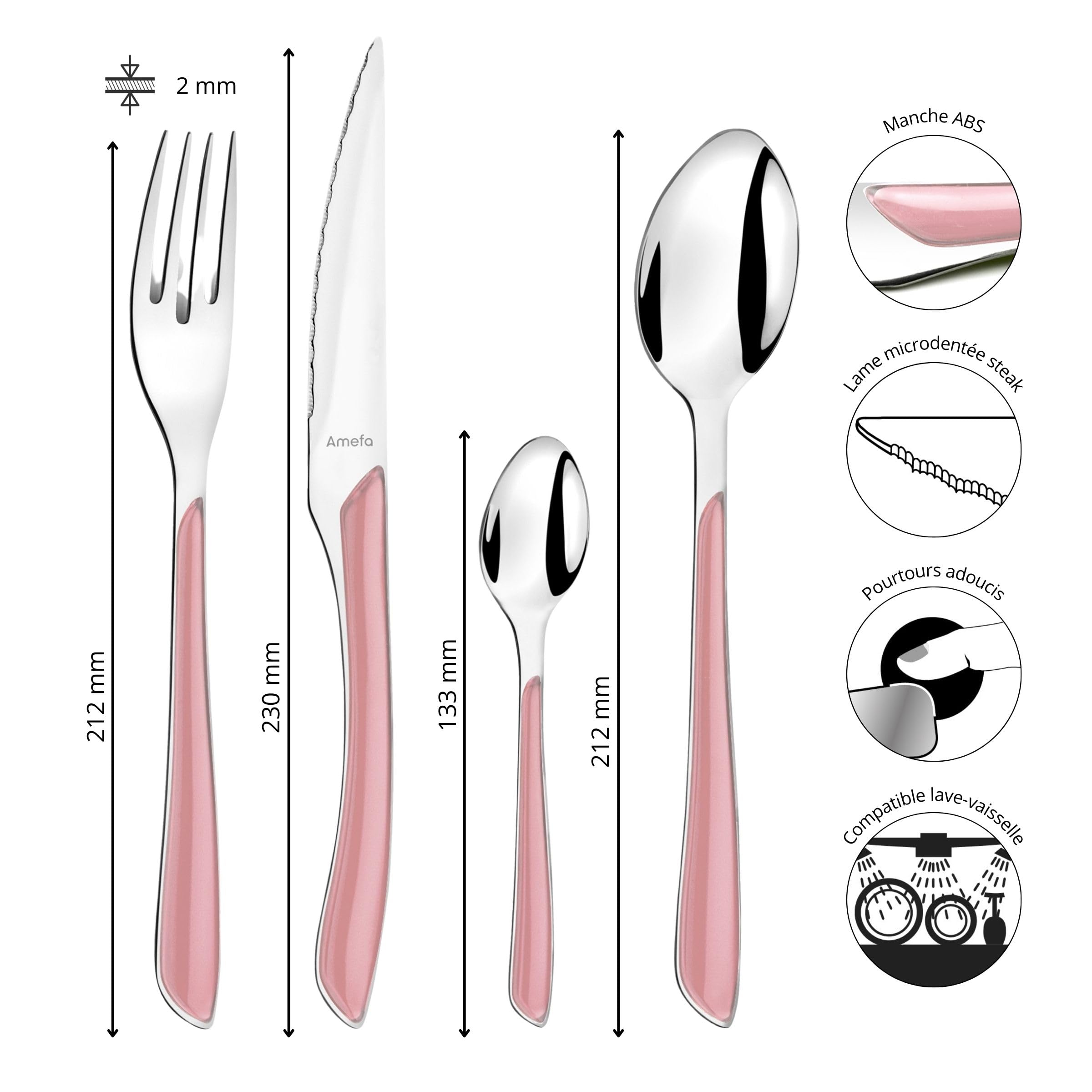 AMEFA - Ménagère 24 couverts de table pour 6 personnes - Eclat Pastel - Acier inoxydable 18/0, Finition Brillante - Rose