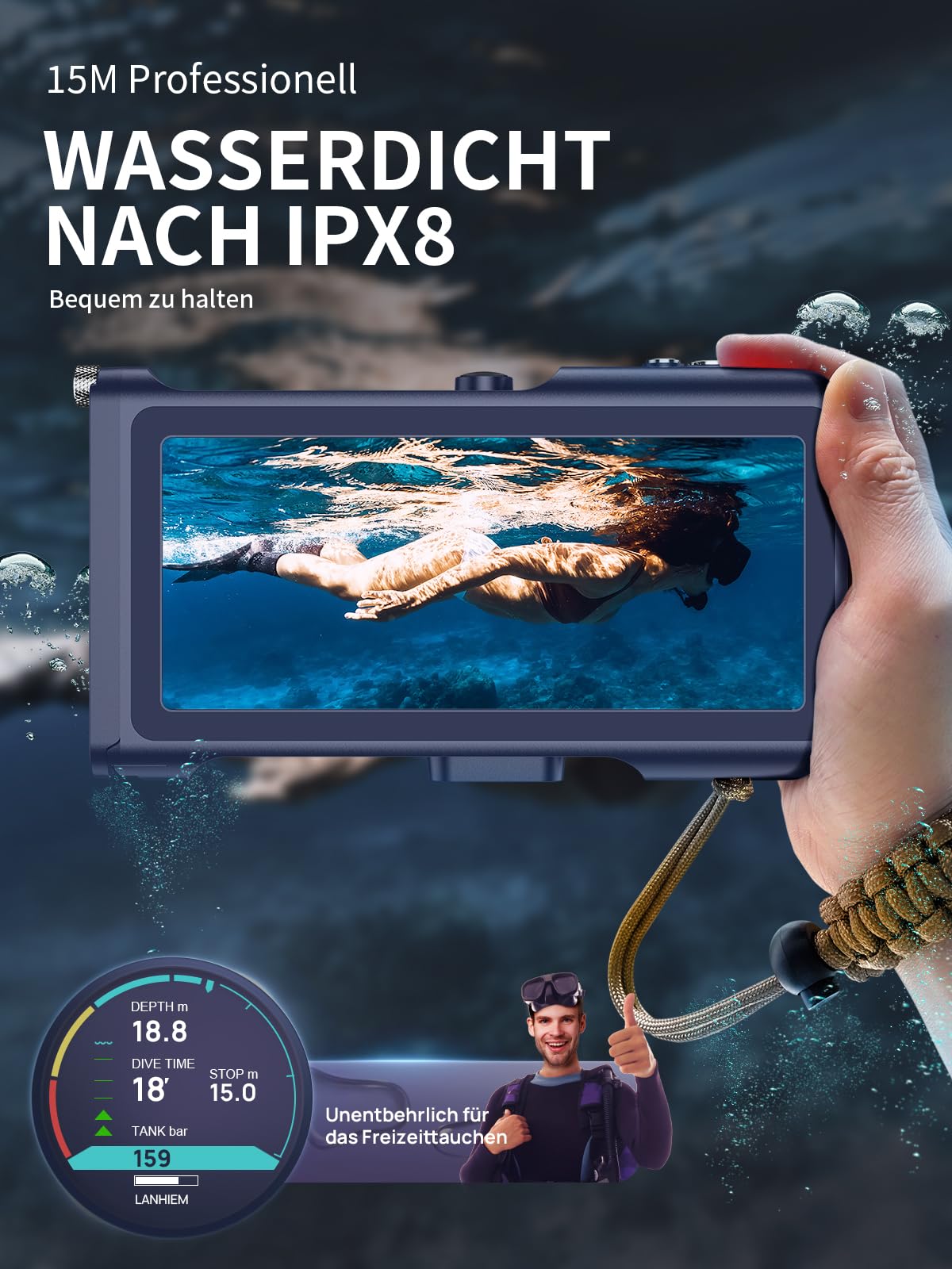 Lanhiem wasserdichte Hülle 15M [Universal] IPX8 Handyhülle Tauchen Professionelle Kompatibel mit Bluetooth, Unterwasser Hülle für iPhone, Samsung, XiaoMi, Google und Smartphones 4,7–6,9 Zoll, Blau