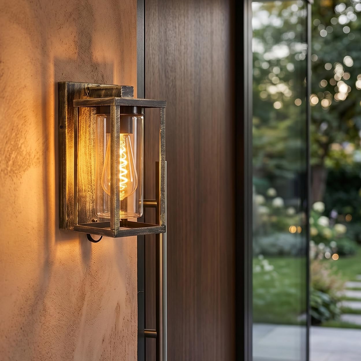 HOFSTEIN Außenwandleuchte Portalis, Außenleuchte mit Bewegungsmelder aus Metall/Glas in Schwarz-Gold/Klar, moderne Wandlampe für Eingangsbereich, 1 x E27, ohne Leuchtmittel, IP44