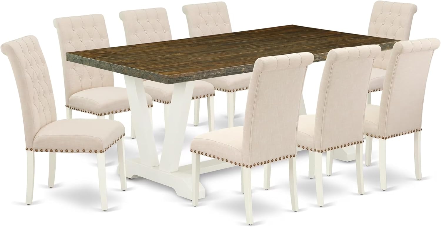 East West Furniture V077BR202-9 9 Piece Dining Table Set Includes a Rectangle Dining Room Table with V-Legs and 8 Light Beige Linen Fabric Parsons Chairs, 40x72 Inch, Multi-Color