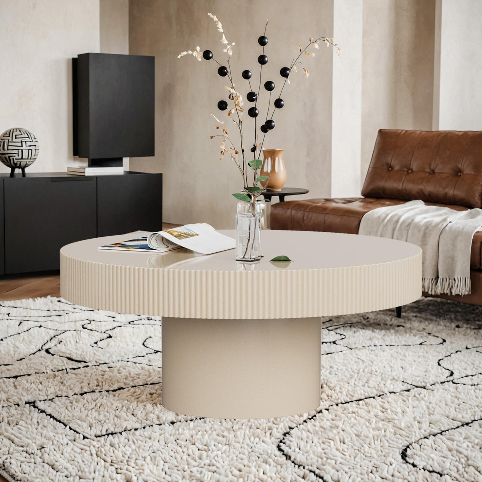Round Coffee Table Modern Fluted Drum Handcraft Chipboard Wood Center Table, Unique Mid Century Aesthetic Low Coffee Table, for Living Room, Apartment