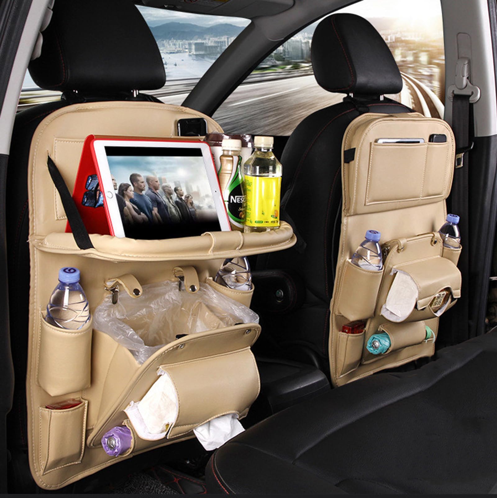 Lagny Beige Car Backseat Organizer For Skoda Citigo/Enyaq/Fabia/Kamiq/Kodiaq, Car Organiser Seat Protectors Kick Mats,F
