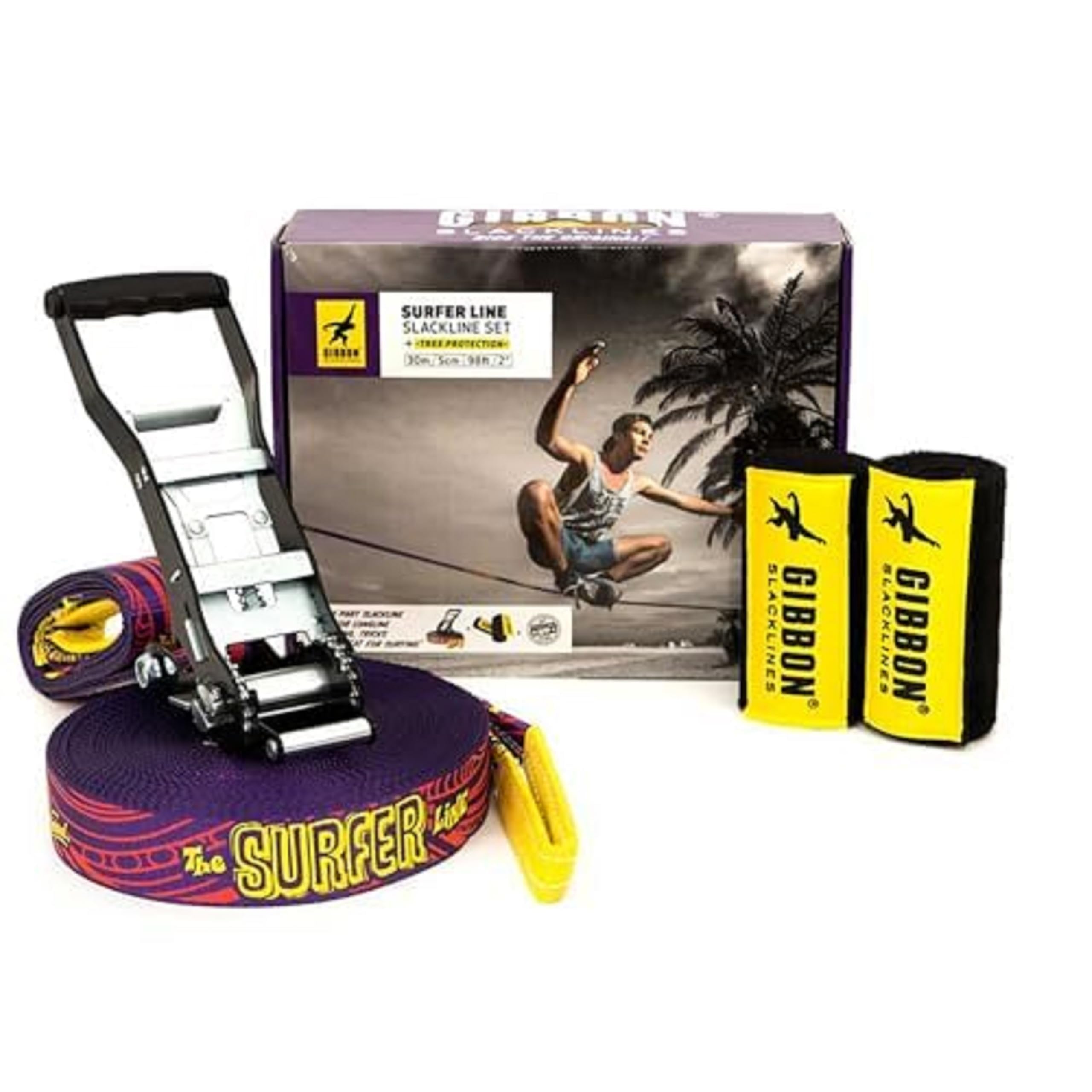 SurferLine Slackline with TreeWear - Waterline & Trickline 98ft Slack Line - 90ft x 2” Line & 8ft Ratchet Strap with Reinforced Loop