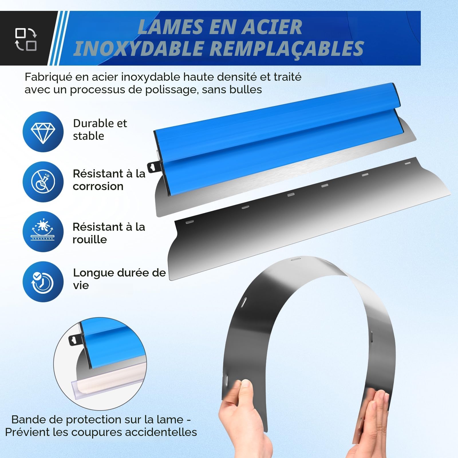 Spatule Enduit Lissage Set, comprenant 5 grattoirs de surface (190 mm demi-lune 250 mm 400 mm 600 mm 800 mm) avec lames de rechange 2 grattoirs à main tige télescopique en aluminium (Bleu)