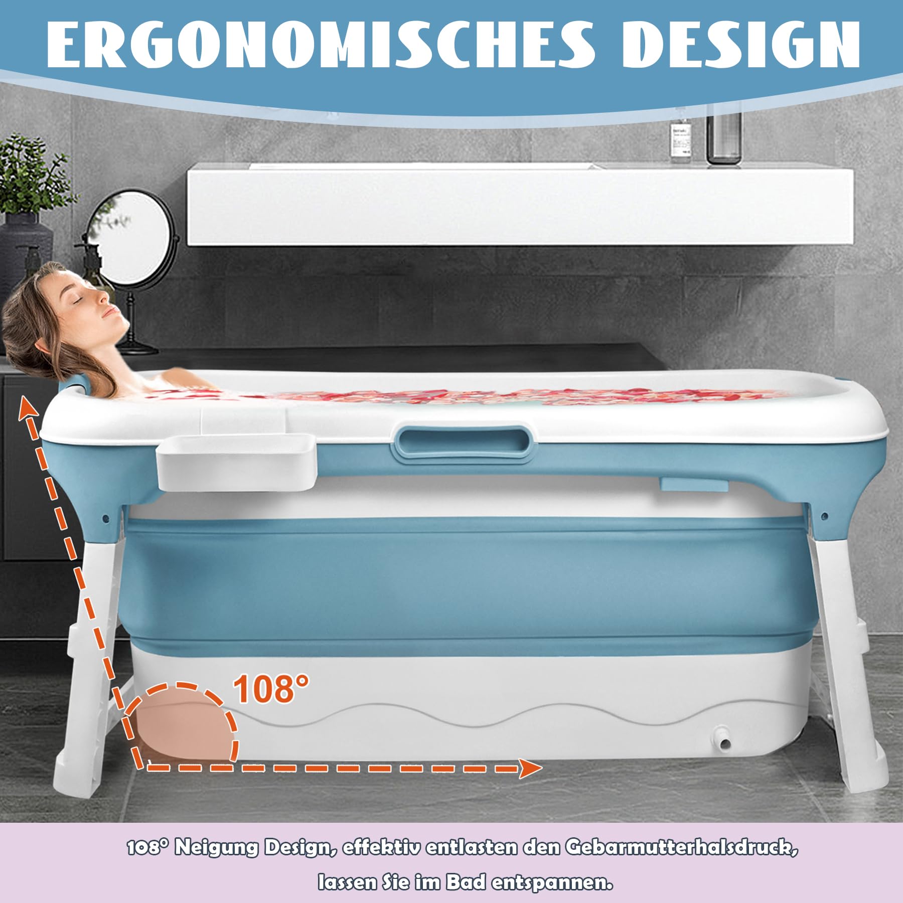 SUBTLETY Baignoire pliable pour adulte - Portable - Avec couvercle - Panier à savon et rouleaux de massage - À poser dans la douche - Idéal pour les petites salles de bain SPA (128 x 60 x 52 cm, bleu)