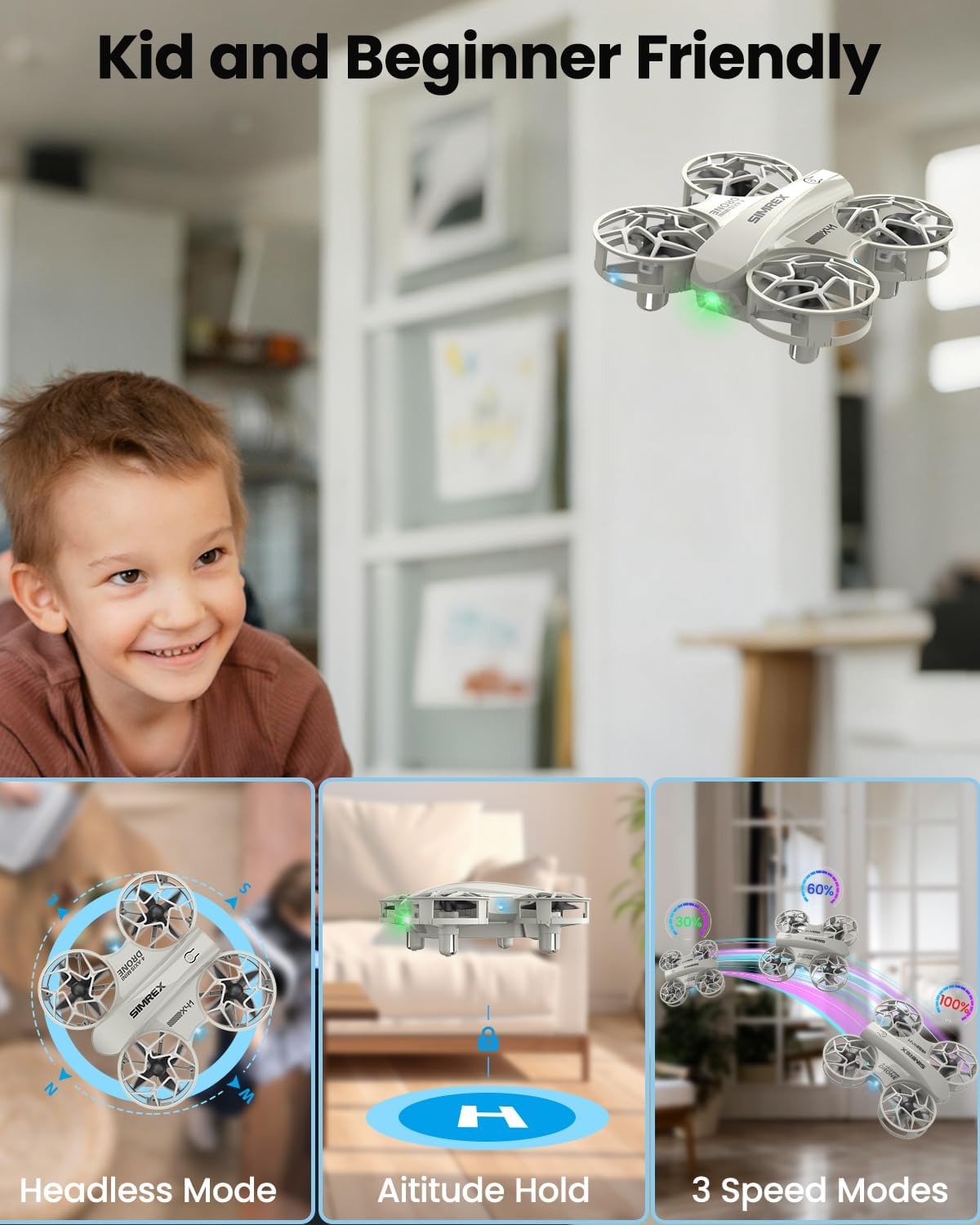 SIMREX X41 Mini Drone features including Headless Mode, Altitude Hold, and 3 Speed Modes