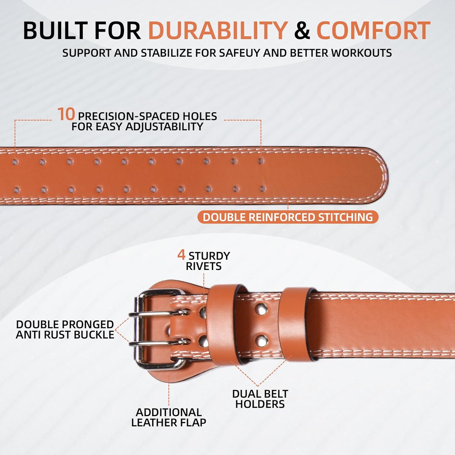 Leather Weight Lifting Belt, 4”& 6”Padded Lumbar Back Support, 10 Adjustable Holes, Gym Weight Belt Ideal for Deadlift, Powerlifting, Bodybuilding and Squat - Image 5