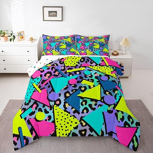 Miniatura 24 de Juego de edredón de estilo de moda de los años 80 y 90, tamaño Queen, patrón retro de estilo Memphis con formas geométricas, juego de ropa de cama