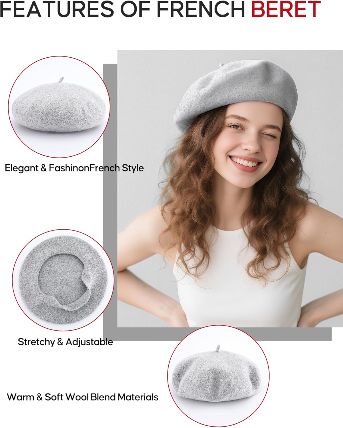 Beret Hats for Women Holiday Wool French Style-Black/Red Church Hat-Clueless Outfit & Men's Beret - Image 3