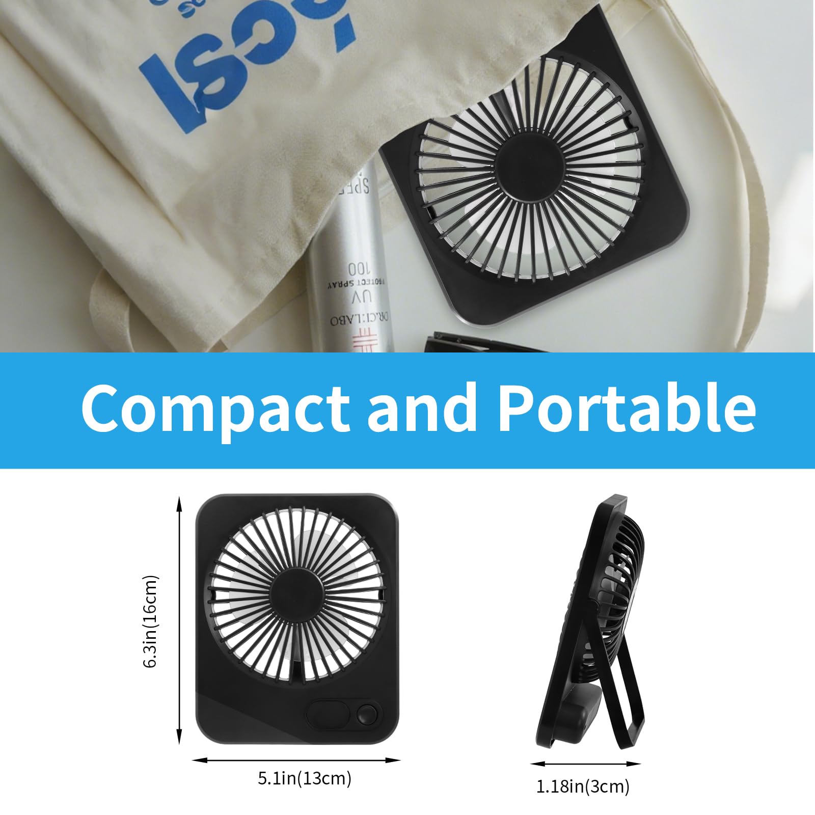 Ventilador USB Mini Portátil - Plegable, Batería 1200 MAh, 5 Velocidades, Silencioso, Ideal Para Coche, Oficina, Dormitorio O Camping