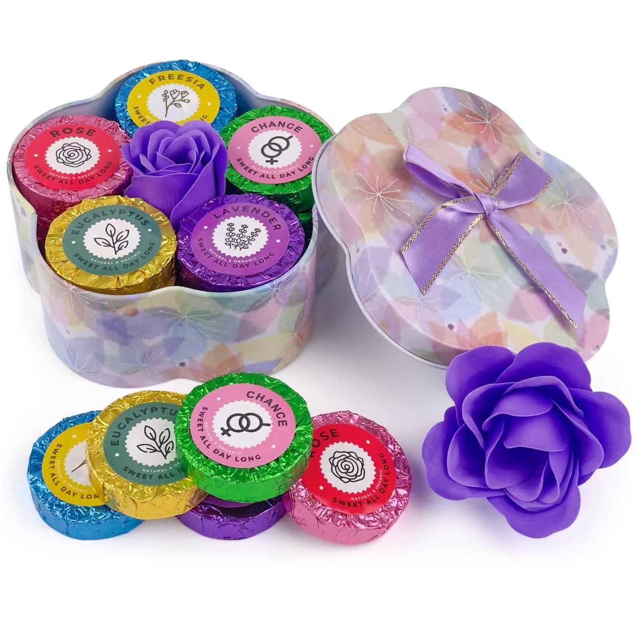 Shower Steamers Aromatherapy 20 Pack - Gift for Women Set with Flower Shape Metal Box, Essential Oil Stress Relief Shower Bombs, Long-Lasting Fragranc
