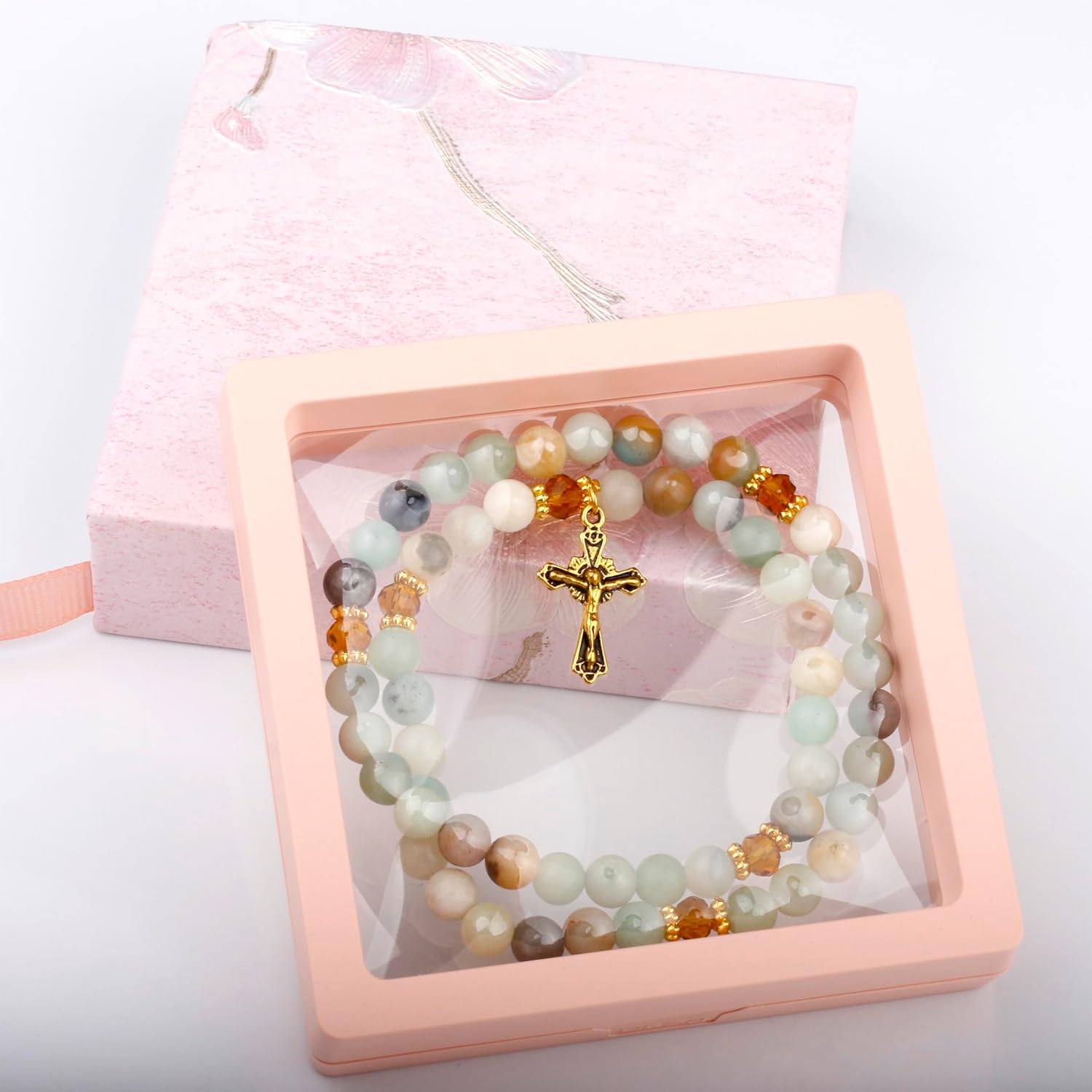 6mm Natural Multi Amazonite Stone Beads Catholic Rosary Wrap Elastic Cord Bracelet for Women with Crucifix Charm in Gift Box