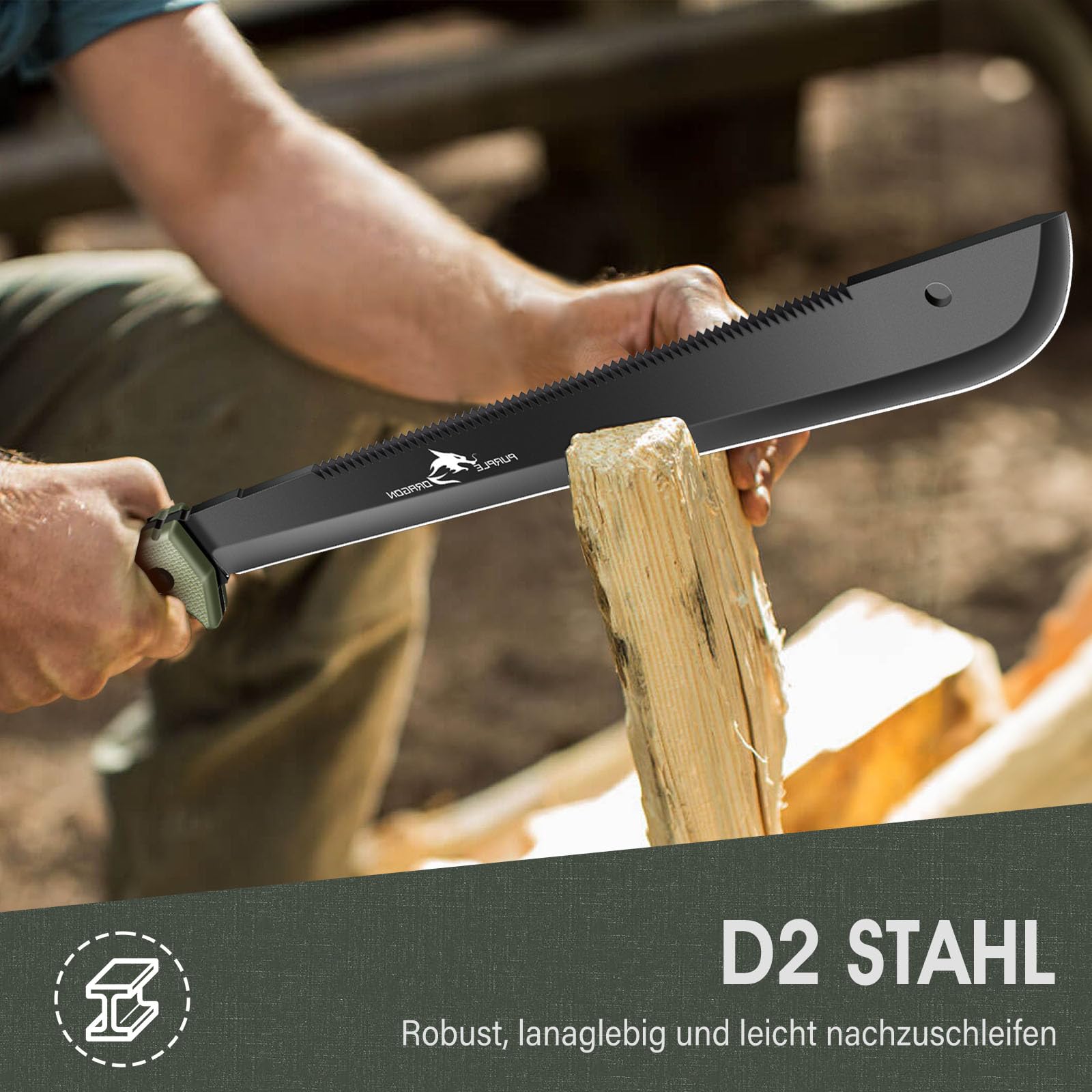 Purple Dragon Machete mit Säge und Scheide für Garten - Großes Messer Outdoor für Wald - Full Tang Messer aus einem Stück D2 Stahl gefertigt - Geschenke für Männer