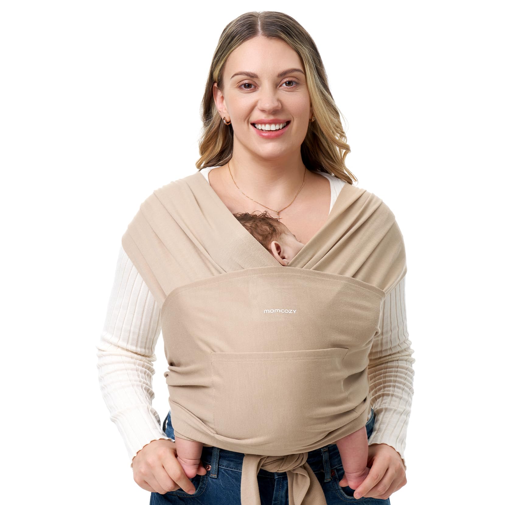 Momcozy Fascia Neonato Porta Bebè Regolabile 3,6-15 kg Marrone Chiaro | Tessuto Certificato OEKO-TEX Regolabile da XXS a XXL, Leggera e Pratica a Mani Libere per il Massimo Comfort del Neonato