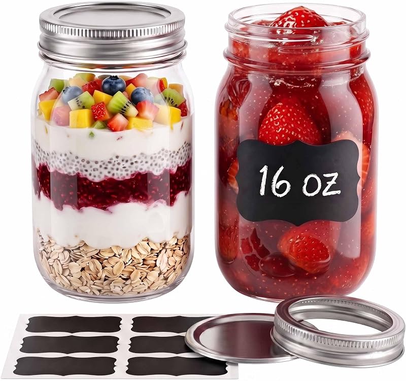 Mason Jars 16 oz with Lids, 2 Pack Clear Glass Jars for Meal Prep & Storage | Leakproof Airtight Seal, BPA Free Thick Glass, Microwave Safe Food Container, Ideal for Canning, Overnight Oats, Meal Prep