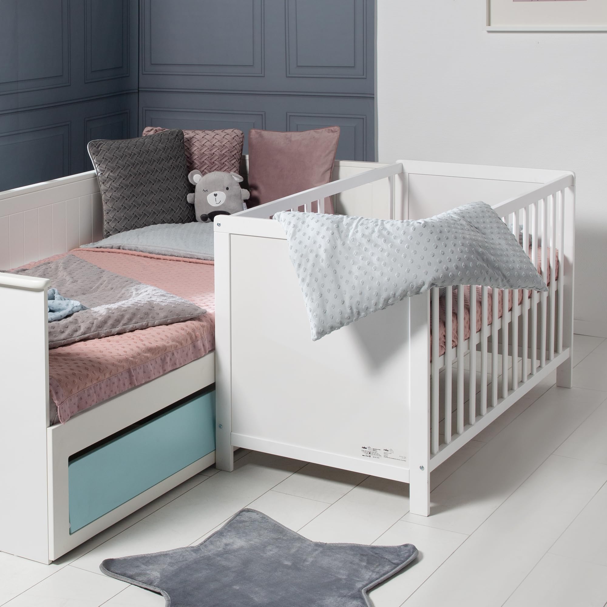 roba Lettino Co-sleeping 2 in 1, 60 x 120 cm, Rete a Doghe + Inserto, Trasformabile in Lettino Indipendente, Regolabile in Altezza, 5 Barre Rimovibili, Legno Laccato Bianco