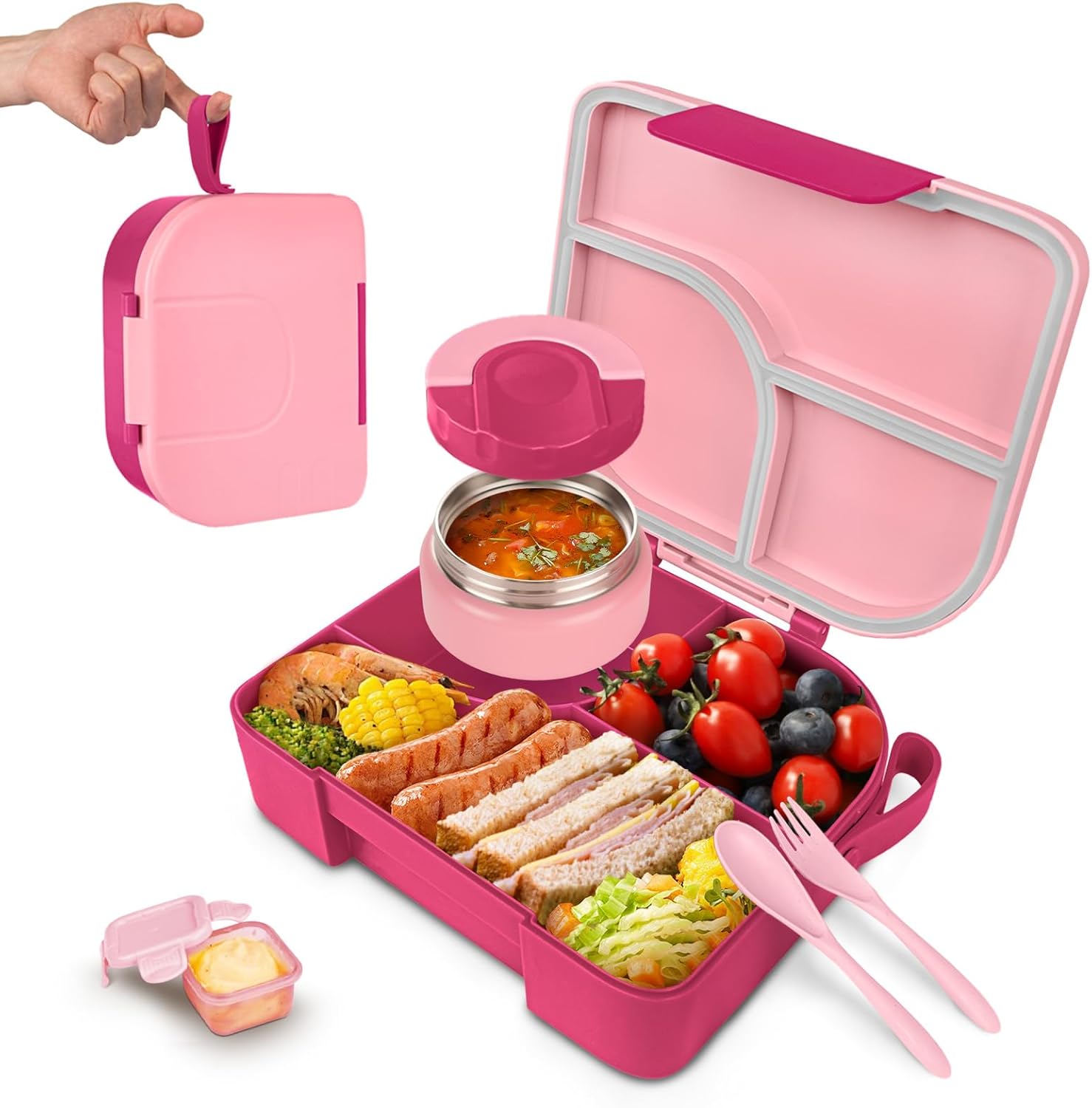 TinyPalsa Bento Box for Kids with 10oz Insulated Food Jar, Leak-Proof Kids Lunch Box with Thermal Food Container, 3 Compartments, Portable Handle, Dishwasher Safe, Ideal for School & Travel (Pink)