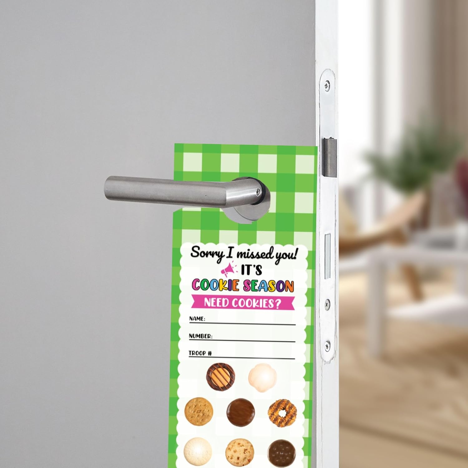 Scout Cookies Door Hanger | 50 pk 3.5x8.5” Sorry We Missed You Cookie Sales Contact Me to Order with Name and Troop Number Green Checkered