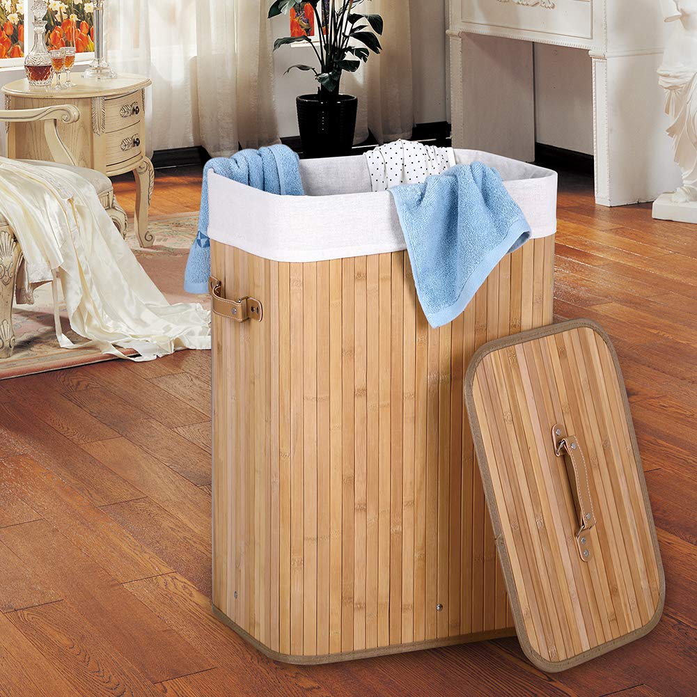 Bakaji Cesto Biancheria Sporca Portabiancheria Casa in Legno di Bambù e Tessuto Contenitore Pieghevole Salvaspazio con Coperchio e Manici Capacità 70lt Dimensione 40 x 30 x 60 cm (Naturale)
