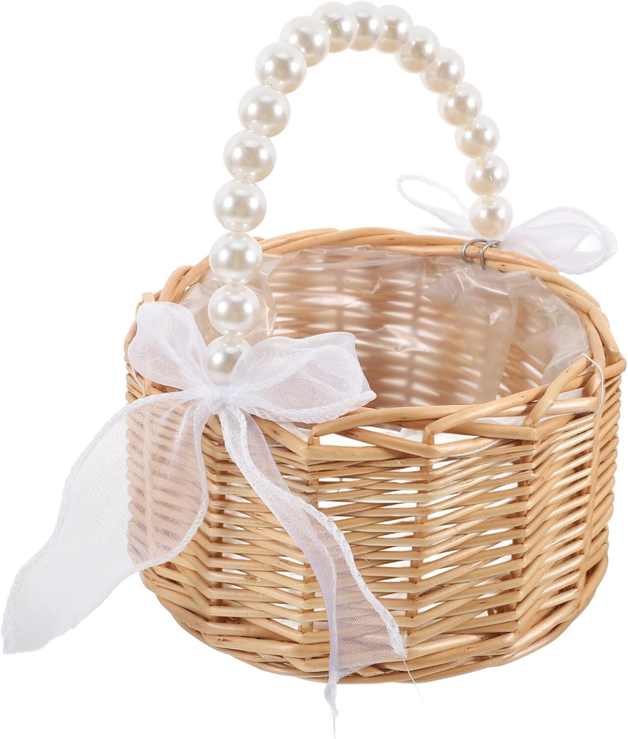 Wicker Wedding Basket with Beaded Handle Medium Pearl Flower Girl Basket for Weddings and Home Decor for Ceremony Supplies