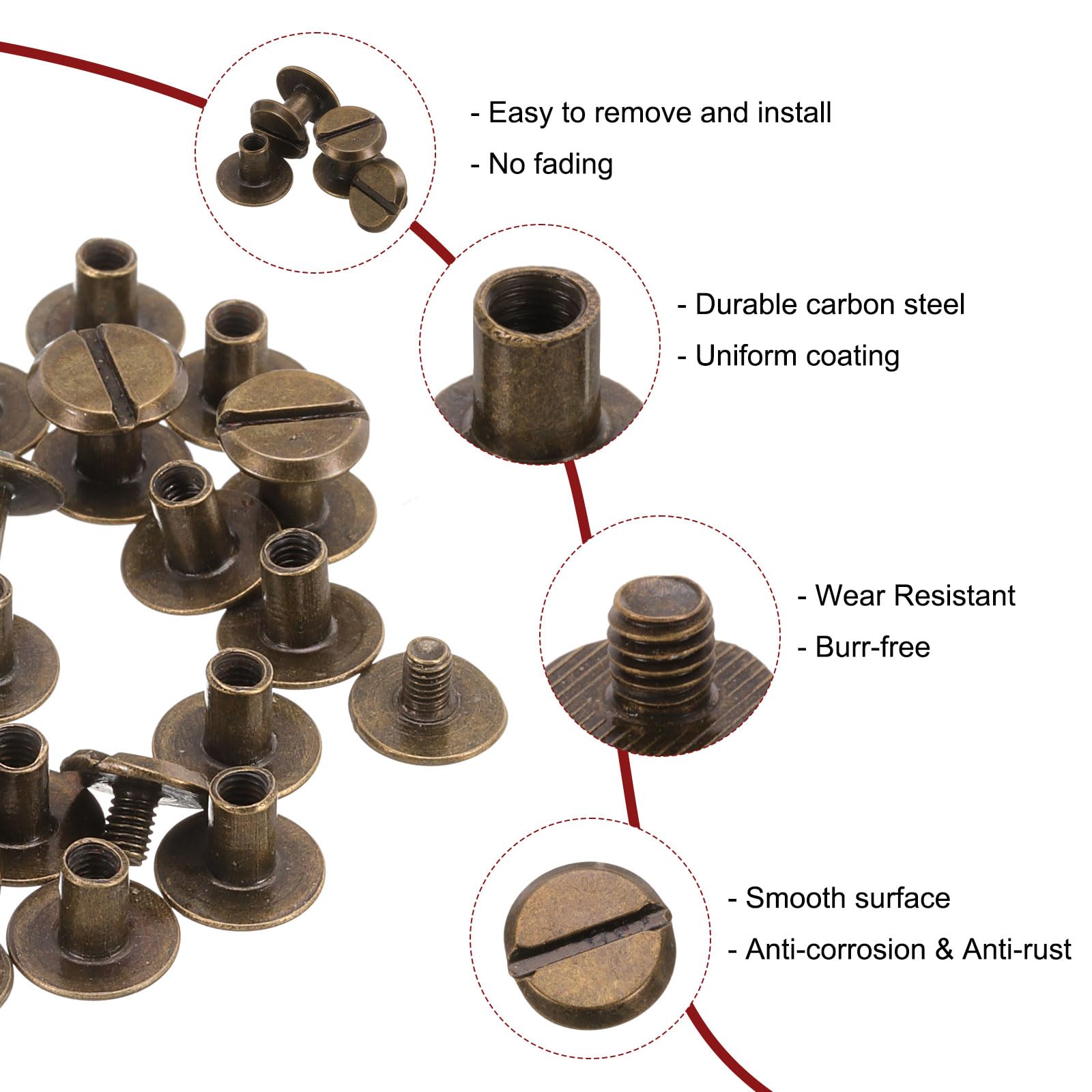 sourcing map Set di 30 viti Chicago M4 x 6 mm, in metallo, con testa scanalata, rivetti a chiodo, per fai da te, cintura, borsa, artigianato, rilegatura, bronzo