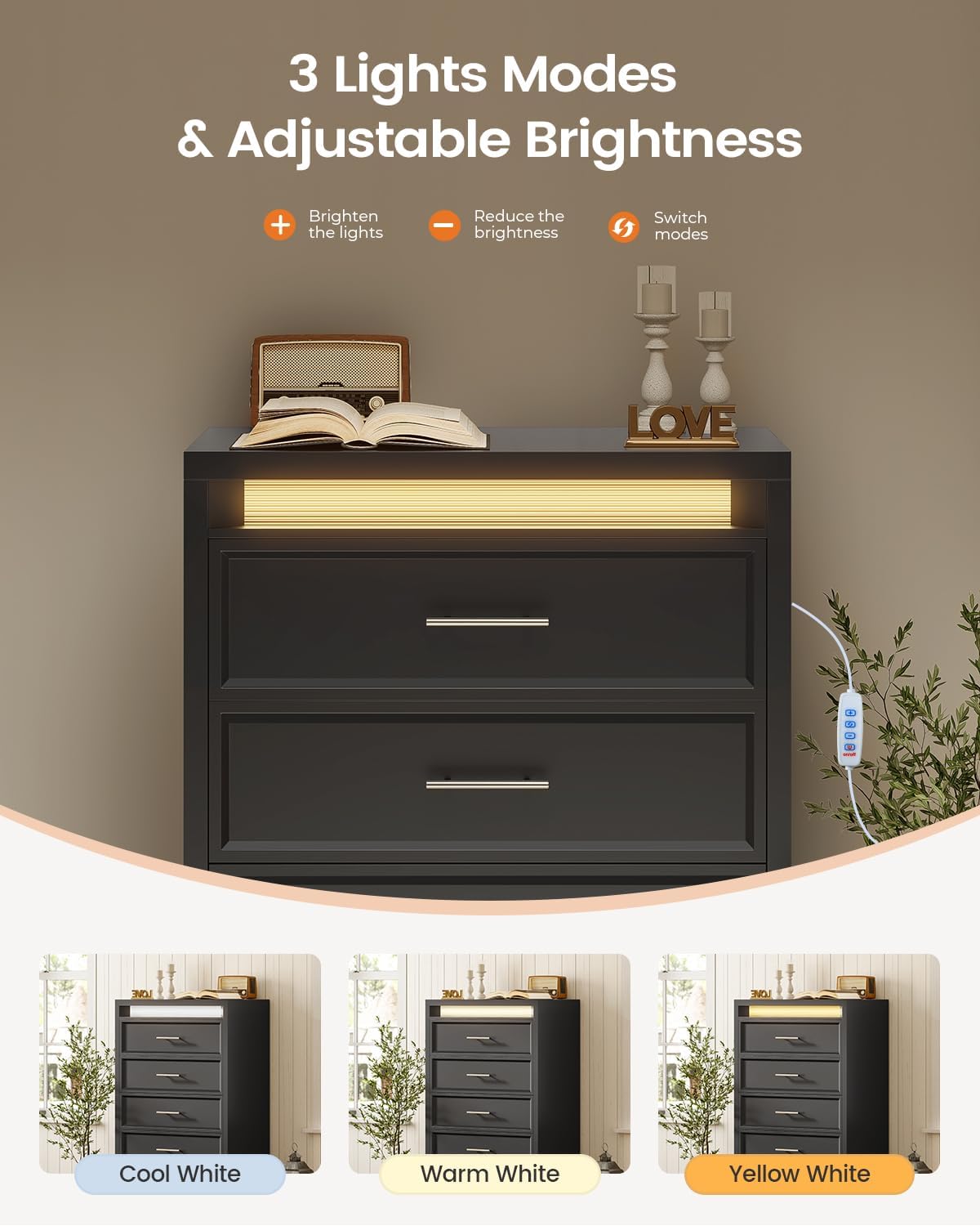 AOGLLATI Black Dresser for Bedroom with 5 Drawer, Dressers& Chests of Drawers, 44.5” Tall Wood Mid-Century Modern Dresser with 3 Color Lights for Bedroom, Black
