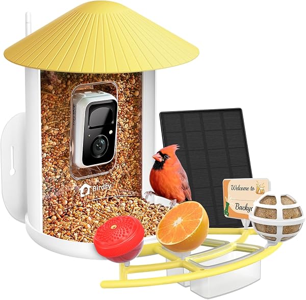 NETVUE by Birdfy Pro Smart Bird Feeder with Camera Solar Panel, Instant Arrival Alerts, Live Stream & Night Vision for Outdoors & Backyard Hummingbird, Cardinalis & Oriole Watching, Ideal Gifts,Yellow