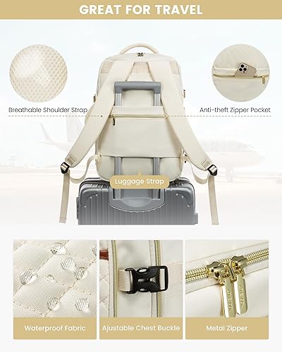 Miniatura 4 de LOVEVOOK Mochila para laptop para mujer, mochila de viaje, aprobada por aerolíneas de moda, Beige, Mochilas de viaje