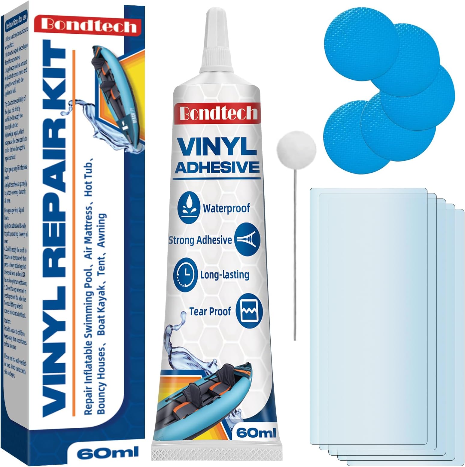Air Mattress Patch Kit, Pool Liner Patch Kit Waterproof, for Inflatables, Swimming Pool, Hot Tub, Boat, Raft, Kayak, Vinyl, Transparent, Heavy Duty (60 ml) (Vinyl-005)