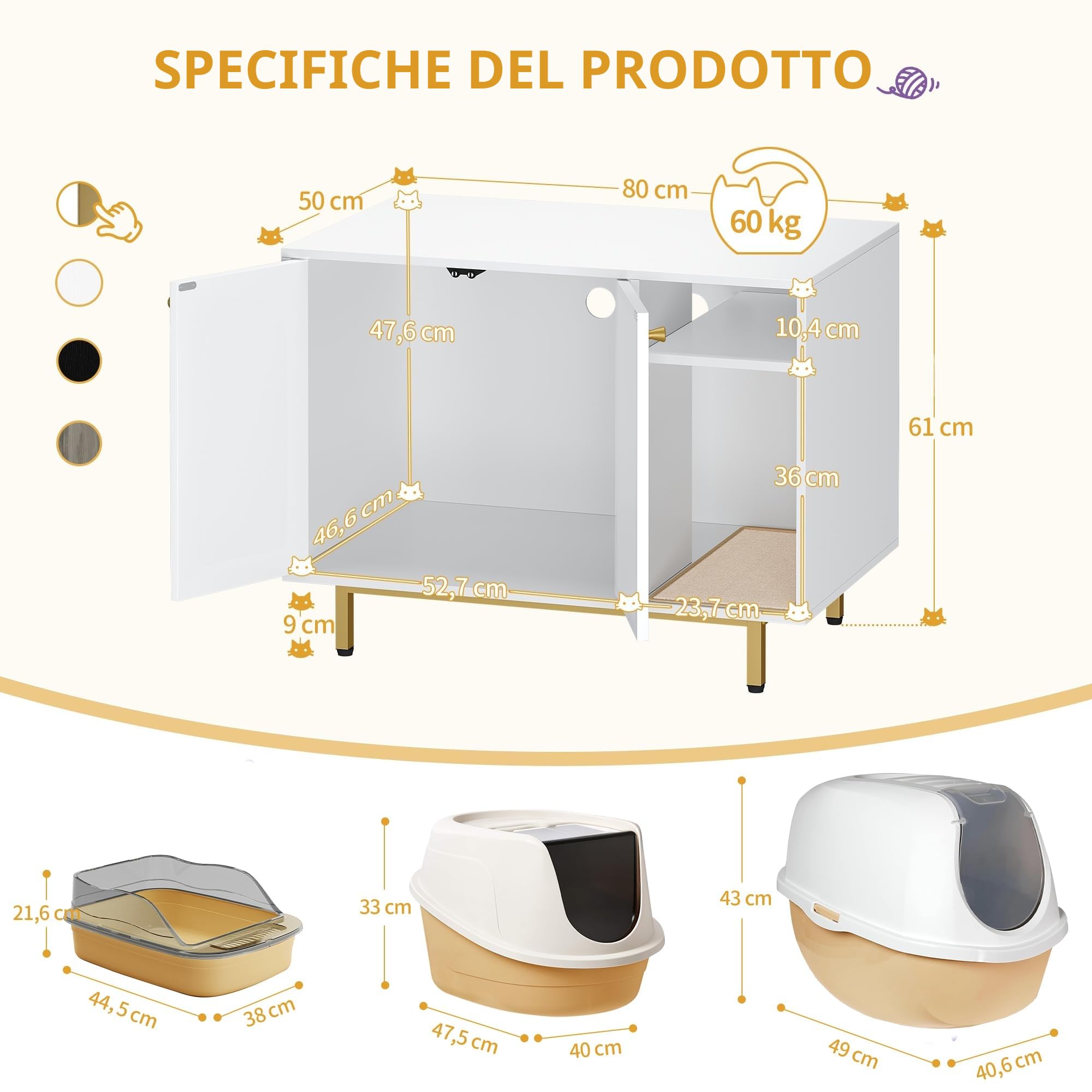 Hzuaneri Mobile Lettiera per Gatti, Mobiletto Lettiera Gatto, Casa per Gatto Multifunzione, Con Porta e Divisorio Separato, Armadietto per Gatti, Facile da Montare, Bianco e Oro 01503GCLB