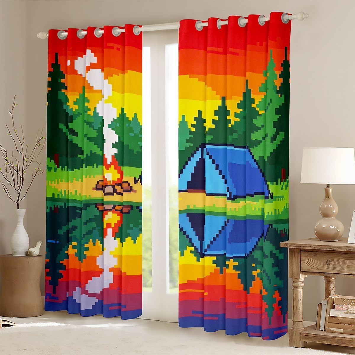 Castle Fairy Camping Kids Window Curtains,Pixel Video Games Tent Campfire Blackout Window Drapes,Retro Pixelated Gaming Boys Girls Room Decor,Red Green 2 Panels,38Wx54L inch image 2