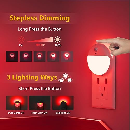 Miniatura 3 de Paquete de 2 luces nocturnas enchufables con sensor de movimiento y sensor de atardecer a amanecer, atenuación continua, luz nocturna LED roja con 3