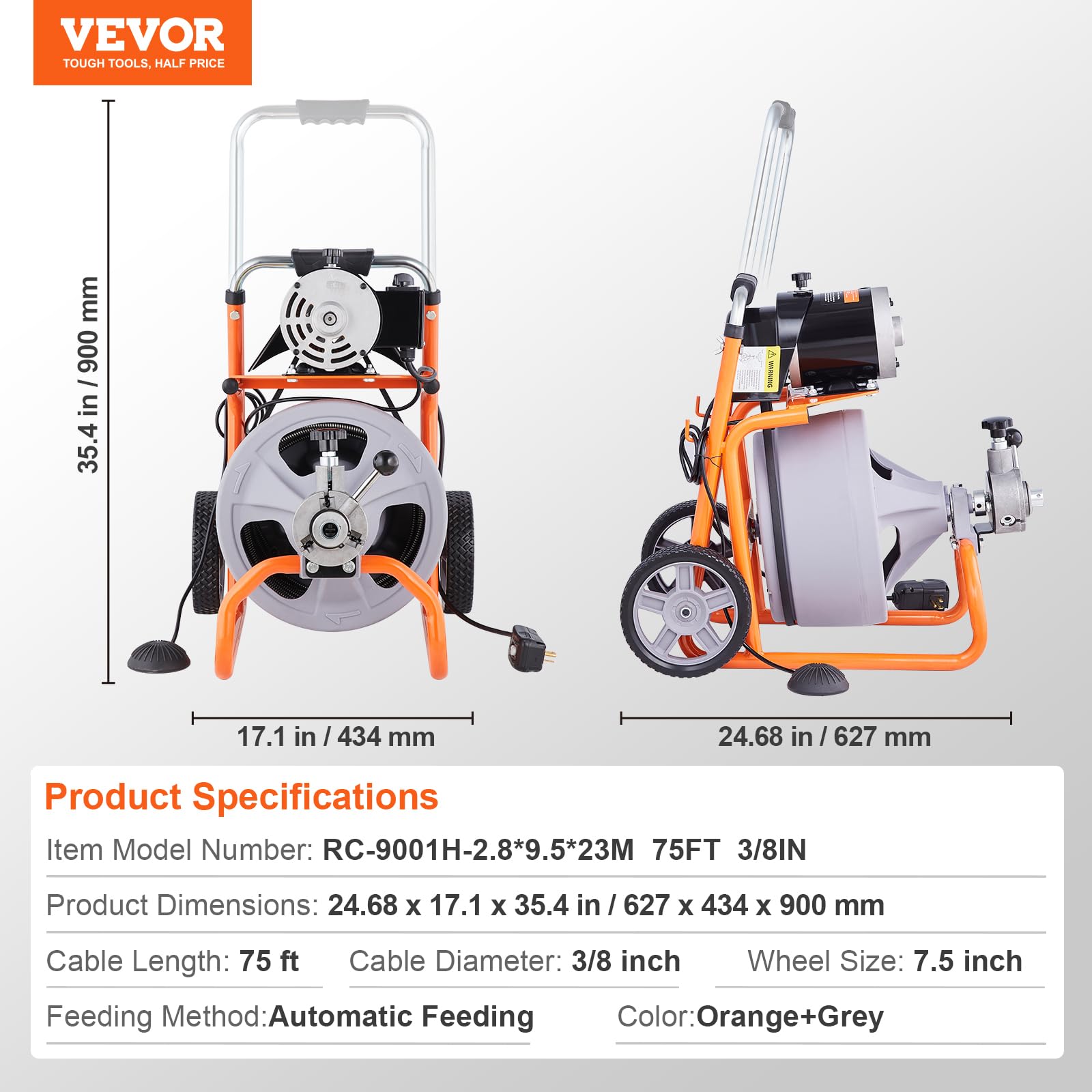 VEVOR Automático75FT 3/8IN 1800rpm Desbloqueador de Tuberías