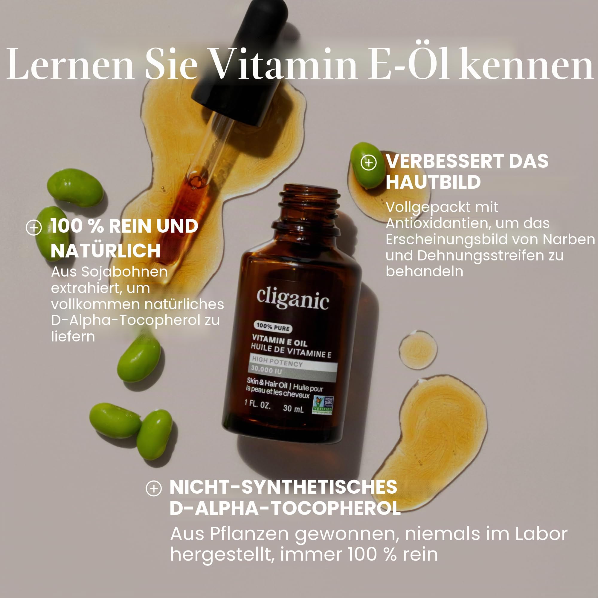 Cliganic 100% reines Vitamin E Öl für Haut, Haare und Gesicht - 30.000 IE (30ml), nicht gentechnikverifiziert | Natürliches D-Alpha-Tocopherol