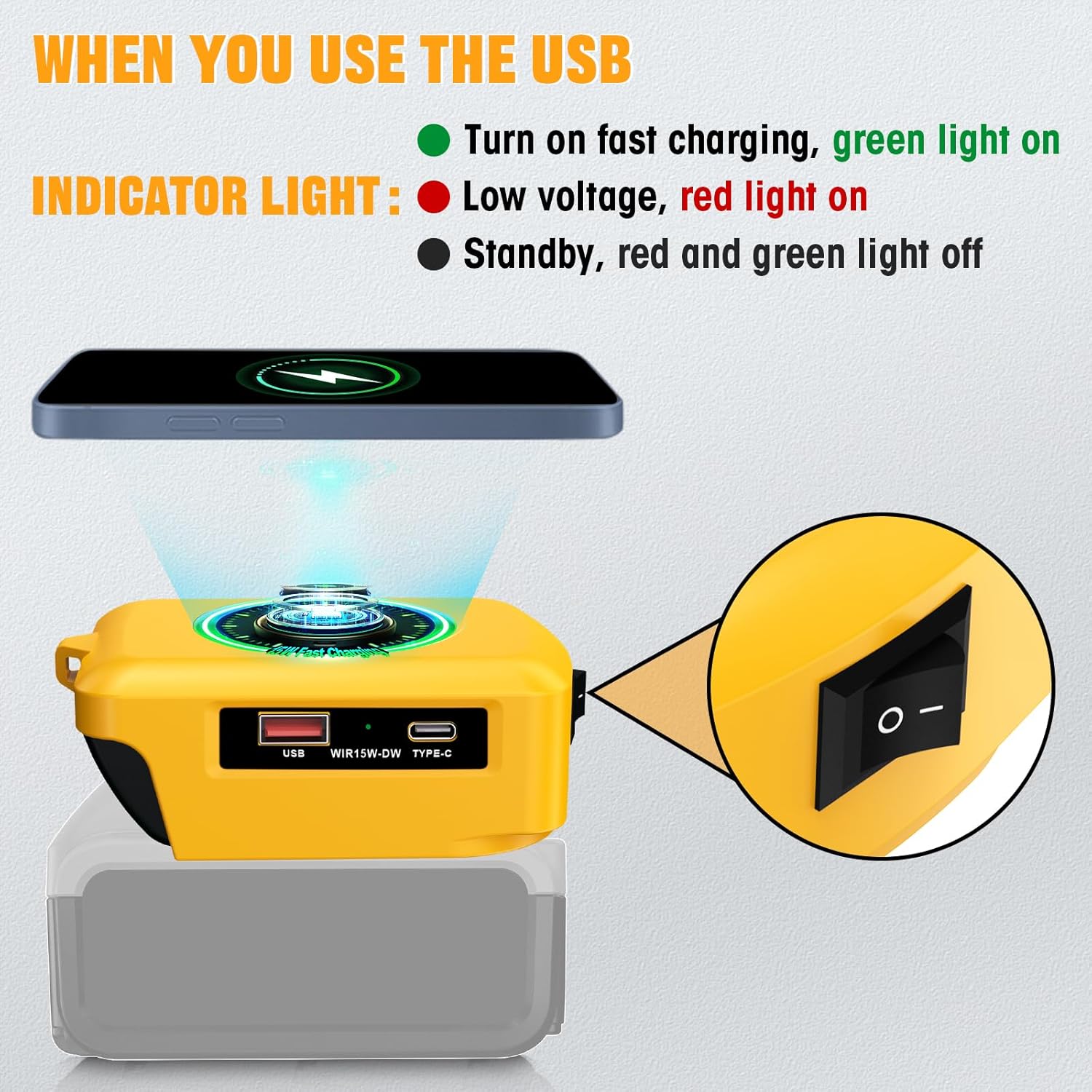 Phone Wireless Charger with Type C Port,for Dewalt 20V Battery,15W Max Wireless Charging Pad for Apple iPhone, for Samsung Galaxy, Pixel, Pro & More - Image 5