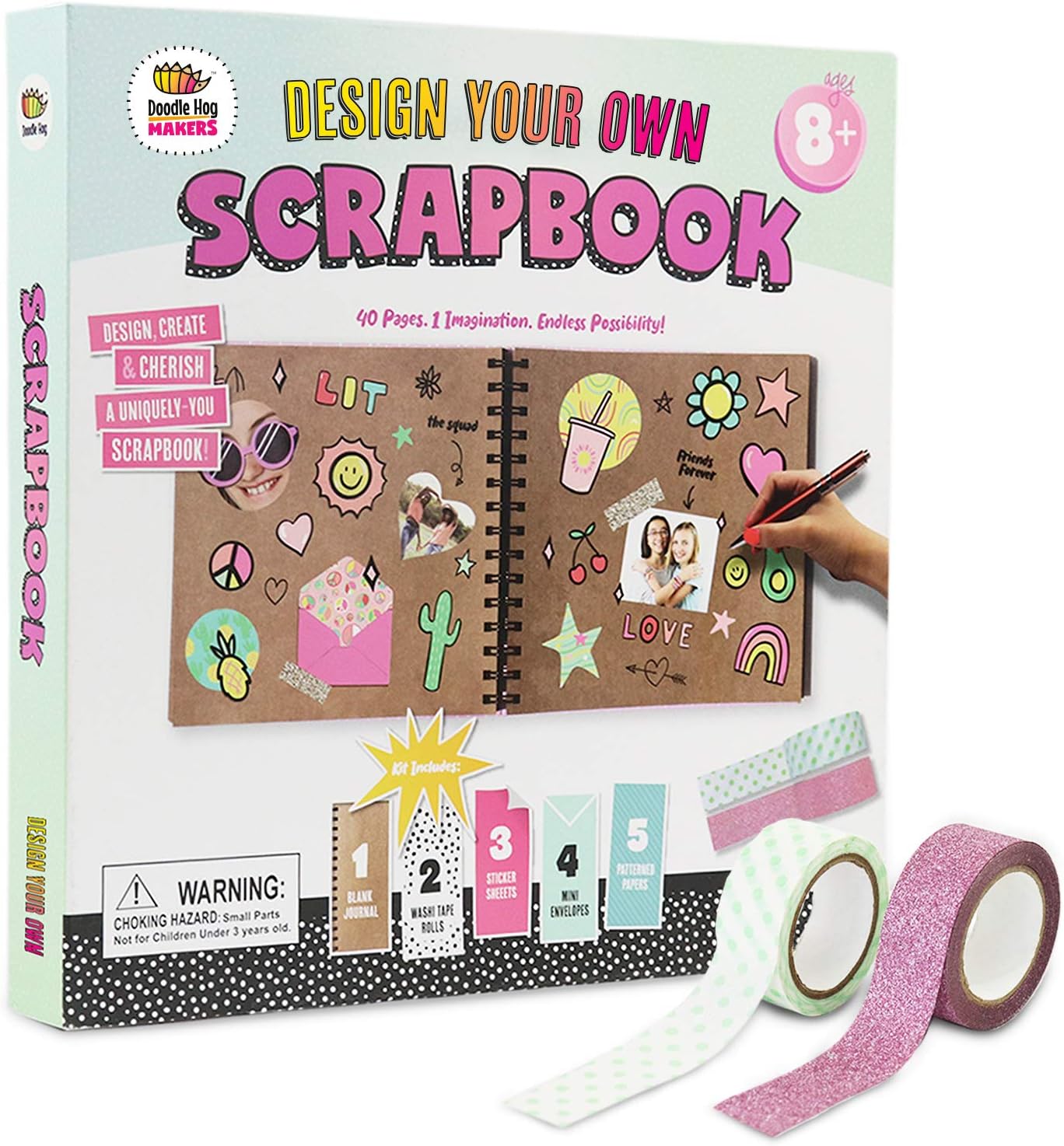 Design Your Own Pink Scrapbook by Doodle Hog, Kids Scrapbook Kit, Gifts for 12 Year Old Girl, Personalize & Decorate Your DIY Scrapbook with Washi Tape, Sticker Sheets, 40-Page Thick Paper, Hardcover : Office Products