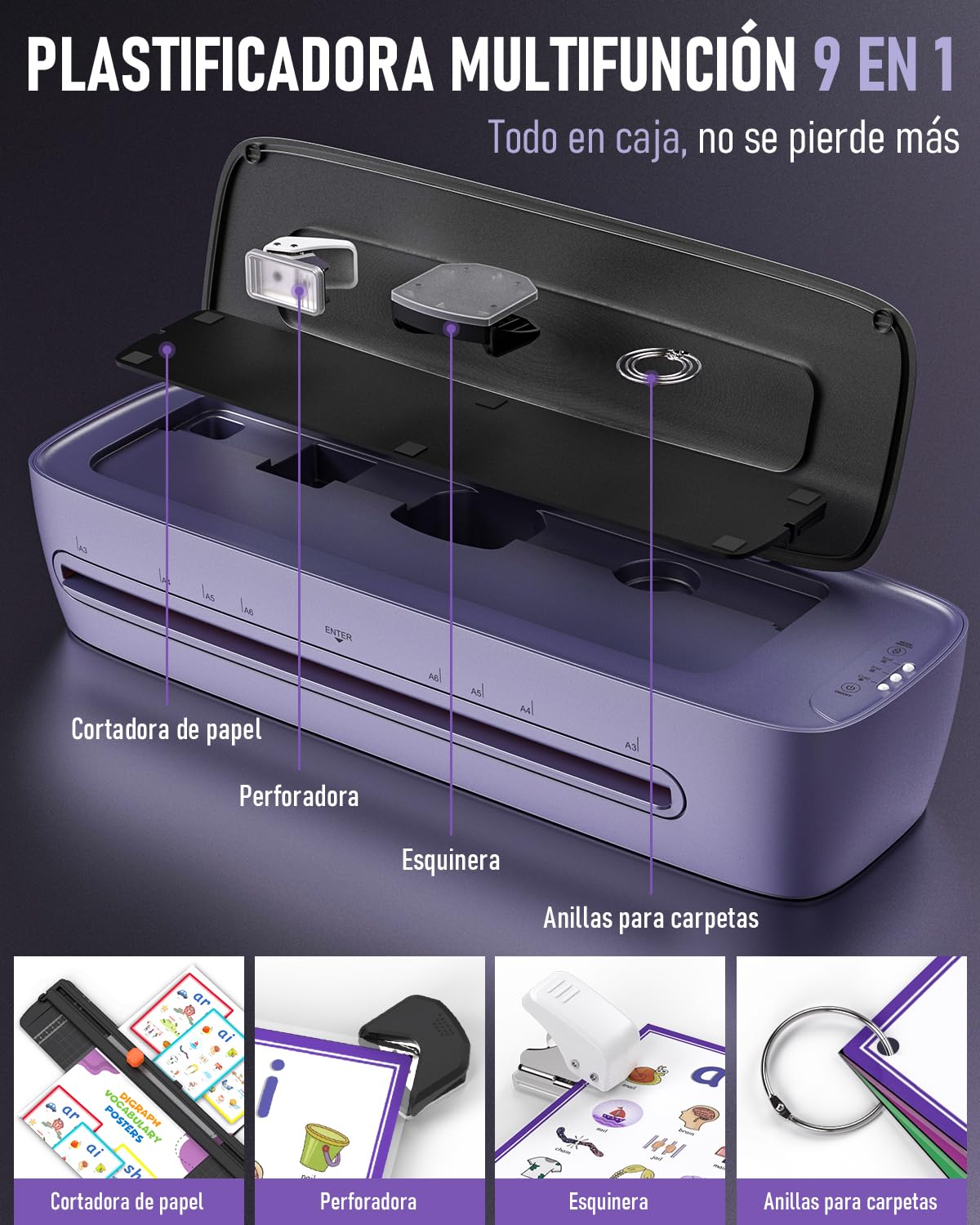 Plastificadora A3 con 30 Fundas Plastificar, Frío y Caliente Laminadora para A3 A4 A5 A6, 9 in 1 Maquina Plastificadora con Cortador de Papel y Redondeador para Escolar, Oficina, Hogarar