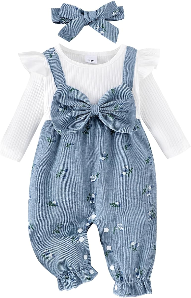 YINGISFITM Newborn Baby Girl Clothes Floral Romper Fack Two Piece Jumpsuit | Floral Romper,Vintage Infant Jumpsuit,Bow Heandband,Baby Girl Clothes Newborn Fall/Winter 0 3 6 9 12 18 Months
