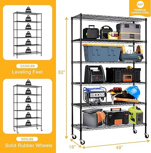Miniatura 2 de Estantería metálica de alambre de 6 niveles, resistente de 48 pulgadas de ancho x 18 pulgadas de profundidad x 82 pulgadas de alto, estantes