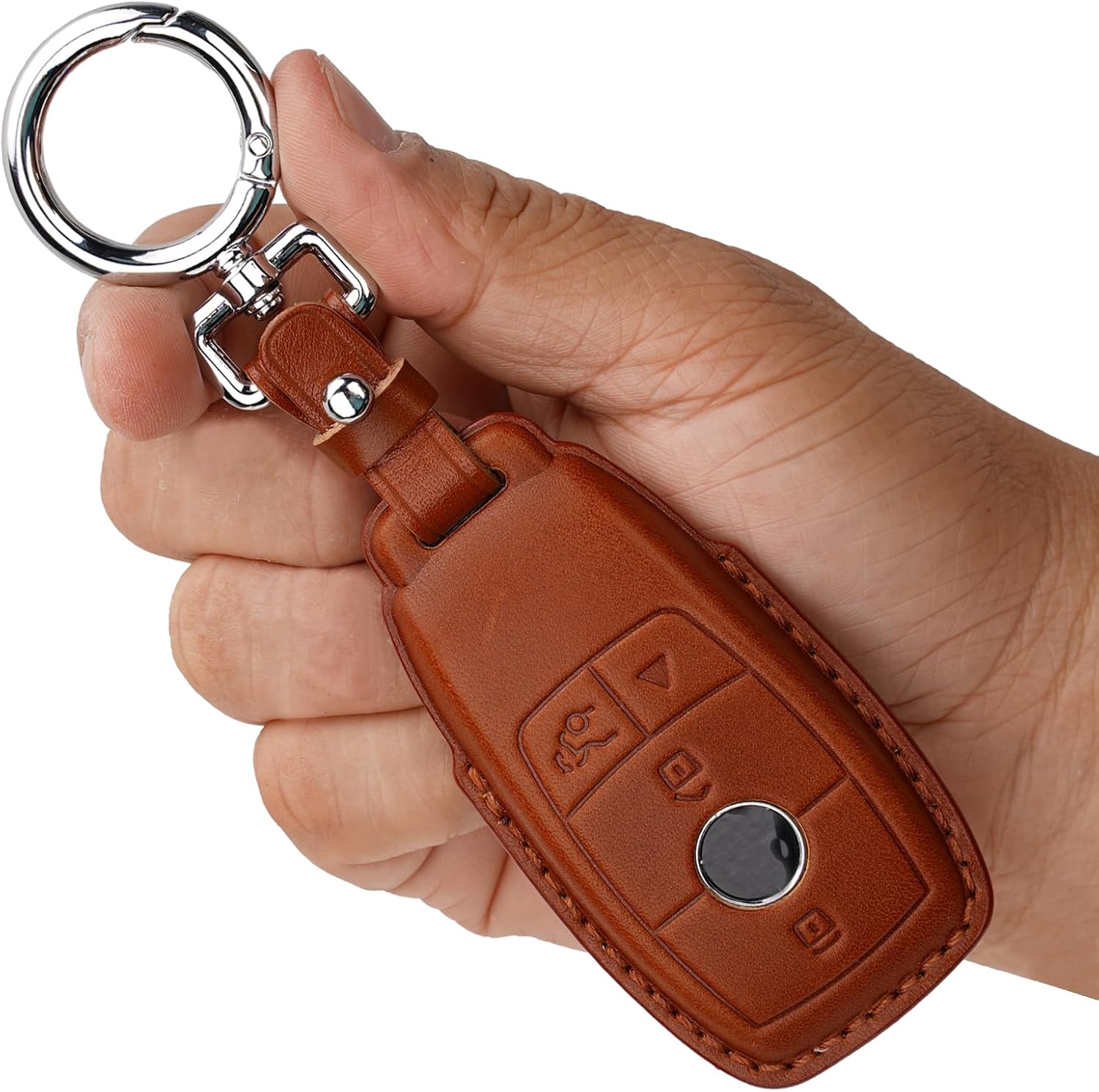 Genuine Leather Key Fob & Shell Compatible with Mercedes-Benz 4-Button Smart Key (Dark brown)