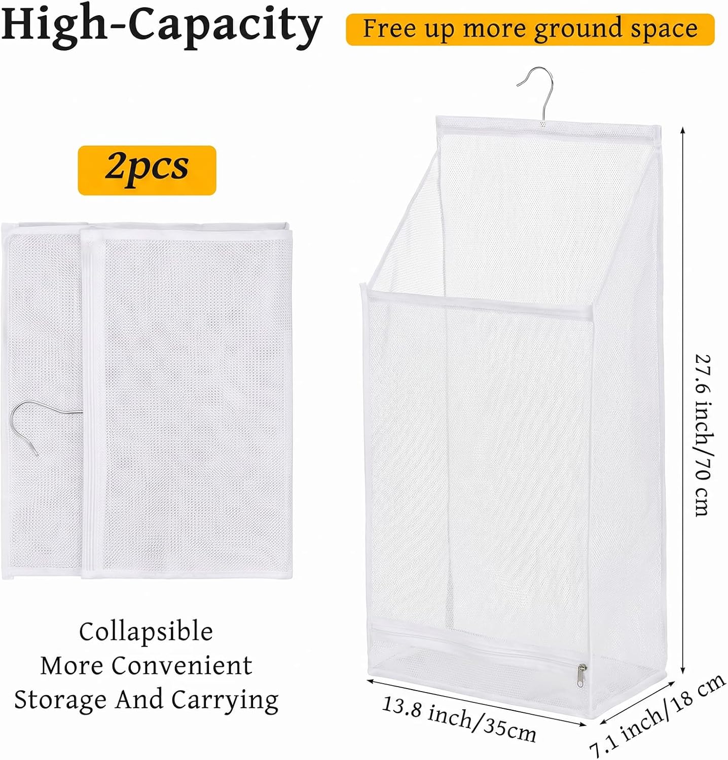 2Pcs Hanging Foldable Laundry Bags, Fast Drying Mesh Hamper for Dorm RV